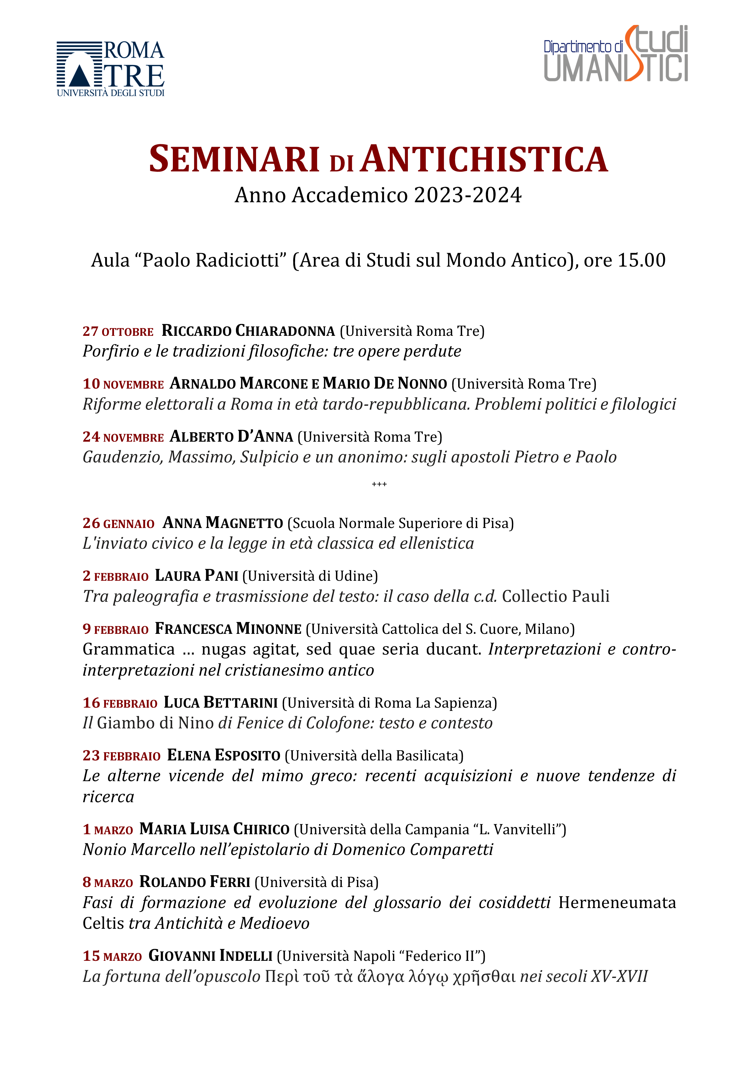 Poster for the Seminars on Antiquity at Roma Tre