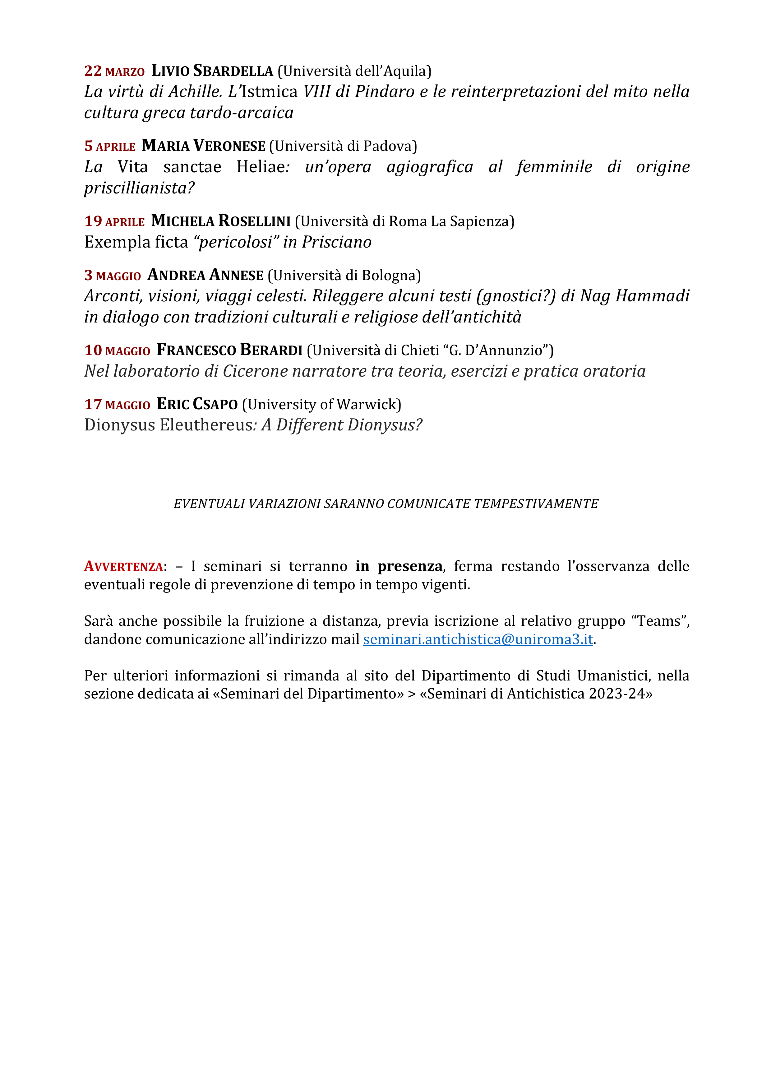 Poster for the Seminars on Antiquity at Roma Tre