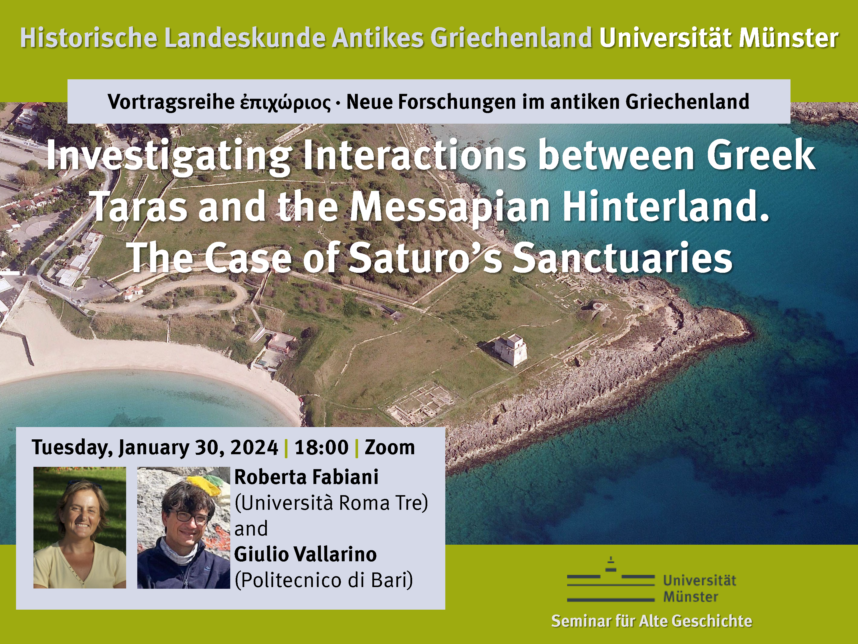 Poster for Epichorios lecture: Fabiani, Vallarino - Investigating Interactions between Greek Tarasand the Messapian Hinterland. The Case of Saturo’s Sanctuaries
